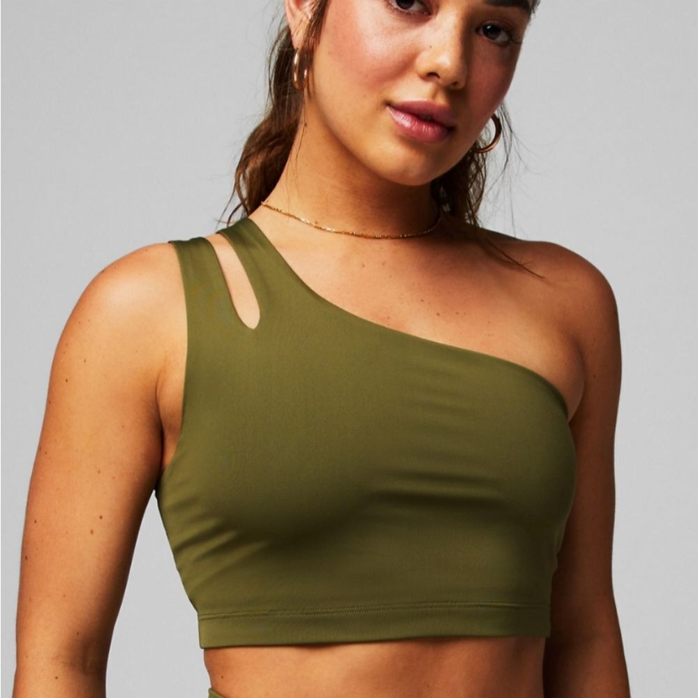 Fabletics Asymmetrical Double‎ Strap Midi Bra Size L Dark Moss NWT in packaging